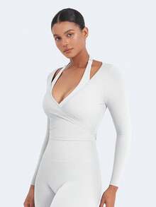 YEOREO Top de Pilates para Mujeres, Manga Larga, Atado, Ballet, Entrenamiento, Yoga, Camiseta Michelie Y2K, Cuello en V, Tops Cortos - Blanco - Ver 4