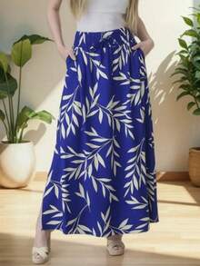 Steve Store Women's Fashion Skirt In Viscose Linen Fabric With Lining, Elastic Waistband, Pockets And Side Slits. - 寶藍色 - 查看 2
