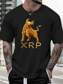Camiseta masculina preta com estampa de criptomoeda XRP - Design de touro dourado, tema de tecnologia financeira, 100% algodão, manga curta, gola redonda, casual, lavável à máquina, modelagem regular. Ideal para entusiastas de criptomoedas e presentes de fim de ano. Camisetas de criptomoedas, camiseta com estilo futurista, tecido confortável. - Preto - Ver 1