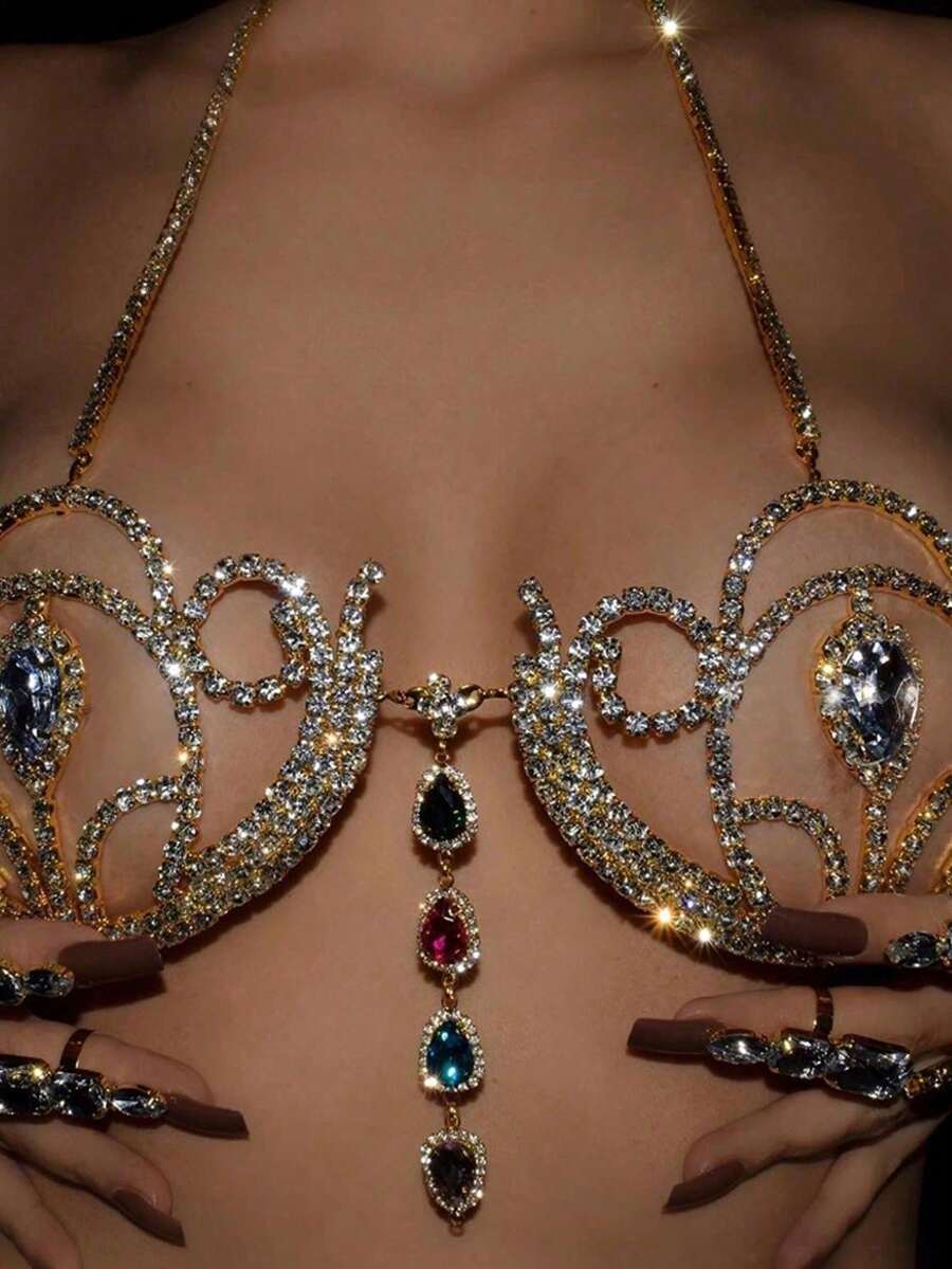 1件彩色水晶身体链，性感镂空胸链项链，夜店魅力比基尼内衣配饰，女士 - 金色 - 查看 1