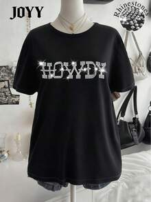 DEAR MOLLY 加大码 Howdy 水钻图案 T 恤，西部牛仔风格上衣，女式圆领短袖休闲装 - 黑色 - 查看 1