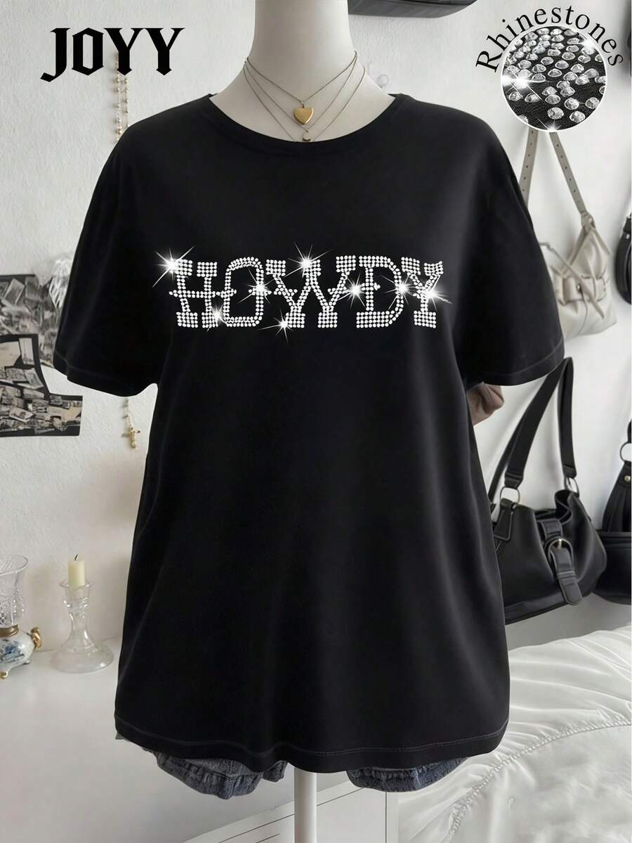 DEAR MOLLY 加大码 Howdy 水钻图案 T 恤，西部牛仔风格上衣，女式圆领短袖休闲装 - 黑色 - 查看 1