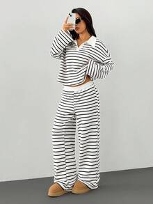 Women's 2pcs Set Loose Striped V-Neck Drop Shoulder Long Sleeve T-Shirt Top&Elastic Waist Striped Pants, Winter Sweater Suit ,Autumn/Winter Women Striped Lounge Set Two Pieces Pants Set, Women Two Pieces Set Casual Two Pieces Set Striped Two Pieces Set Comfortable Two Pieces Set Winter Clothes For Women Winter Outfit For Women Casual Women Outfits White Outfit For New Year's Eve