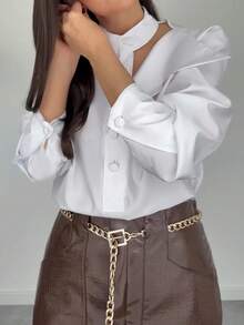 Blusa de manga larga holgada con cuello hueco para mujer, de tela tejida de unicolor, casual para oficina, uso diario, citas, primavera/otoño, blanco verano - Blanco - Ver 9