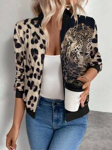 Keke Bloomly 圣诞女士轻便拉链休闲棒球夹克，猎豹印花，时尚 - 卡其色 - 查看 1