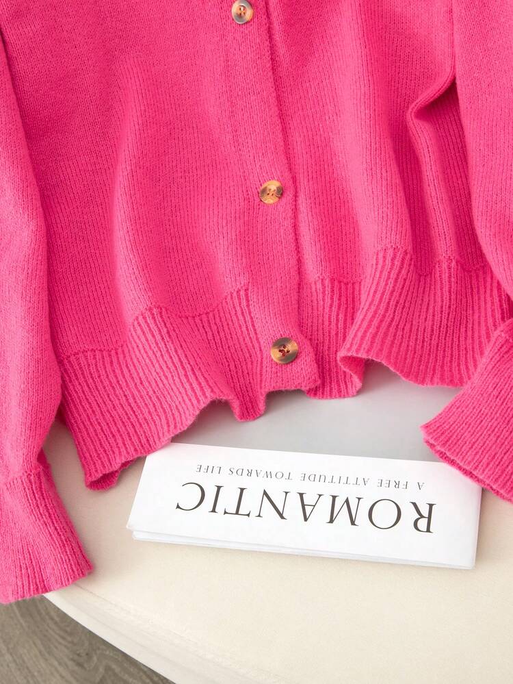 2026年情人节女士粉色针织开衫，常规长度，长袖，纽扣前襟 - 玫紅色 - 查看 4