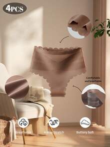 4pcs Women's Mid-Waist Briefs, Wavy Trim & Criss-Cross Design, Comfortable Fit, Soft & Skin-Friendly, Available In S-XXL - Multicolor - View 5