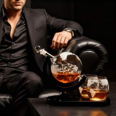 1 Set Luxury Globe Whiskey Decanter With Wooden Base, 1 Decanter(30oz) With 2 Matching Glasses(11oz),Suitable For Scotch, Bourbon, Liquor & Vodka, Practical Gift For Father's Day, Birthday & Holidays