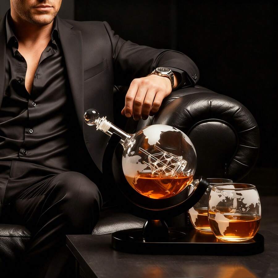 一套豪华地球仪造型威士忌醒酒器，带木质底座，包含一个醒酒器（30盎司）和两个配套酒杯（11盎司），适用于苏格兰威士忌、波本威士忌、利口酒和伏特加，是父亲节、生日和节日的实用礼物。 - 透明色 - 查看 1