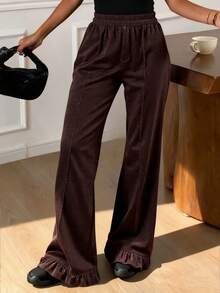 Livesso Pantalones largos de mujer con cintura elástica, parches de terciopelo y dobladillo floral - Café integral - Ver 2