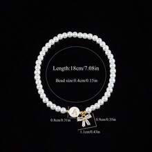 1pc Vintage Round Letter & Bow Pendant Faux Pearl Beaded Bracelet For Women - White - View 2