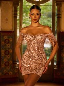 Faeriesty Đầm dạ hội nữ ôm sát, trễ vai, có tua rua, thích hợp cho đám cưới, dạ tiệc, sự kiện công ty, dạ hội từ thiện và lễ trao giải, thanh lịch mùa xuân. - Rượu sâm banh - Xem 6