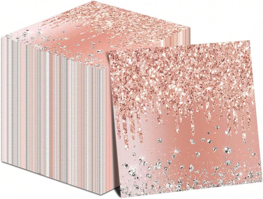100 Pieces Rose Gold Birthday Napkins Pink Party Decorations Disposable Paper Napkins For Girls Women Sweet Diamond Theme Anniversary Wedding Shower Favors Supplies - 玫瑰金 - 查看 1