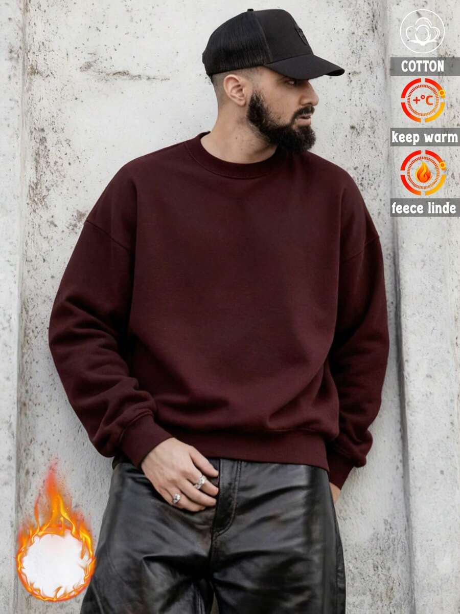 Áo nỉ cotton nam, áo nỉ trễ vai nam, áo nỉ cổ tròn cỡ lớn dày và ấm cho mùa thu đông, thích hợp cho thời tiết lạnh. - Màu Đỏ Sâu - Xem 1