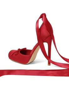 Red Ballet Shoes Bow Dress Party Square Toe Women Satin Ballerina Stiletto High Heel Mary Jane Pumps Lace Up Wedding Sexy Elegant Pumps - 紅色 - 查看 7