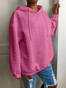 Plus Size Women Loose Casual Solid Color Jacquard Knit Long Sleeve Sweatshirt Spring - Rose Red - 1 - View 4