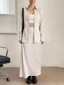 DAZY Women's Casual Striped Shirt And Skirt 2 Pieces Set Lounge Sets For Women - Apricot - View 3