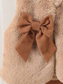 Young Girls Autumn 2pcs Set Solid Color Fur Bow Sleeveless Vest + Corduroy Casual Dress - Brown - View 6