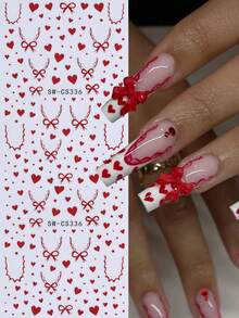 2片红色爱心蝴蝶结美甲贴纸，3D自粘浪漫爱心图案美甲贴，情人节美甲装饰，易于粘贴，适合女性，爱心美甲贴纸，美甲用品 - 紅色 - 查看 2