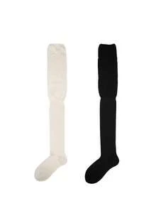 2 đôi tất dài đến đùi dành cho nữ, kiểu xếp lớp, tất trắng cao đến đầu gối, tất màu trơn, thích hợp để phối cùng bốt. - Nhiều màu - Xem 8