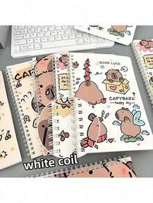 1/4 水豚螺旋笔记本，柔软皮革，可爱水豚图案设计，动物主题风格，每本 50 页内页，是学生和办公礼品、日记本、学习用品、学校用品的理想之选（混色） - 彩色 - 查看 5