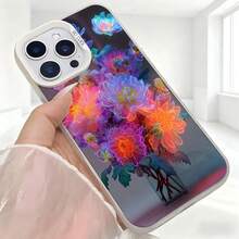Cubierta de telefono con diseño floral brillante color negro con flores multicolor en estilo neón para iPhone 14 Pro Max ideal para uso diario y ocasiones especiales - Blanco - Ver 5