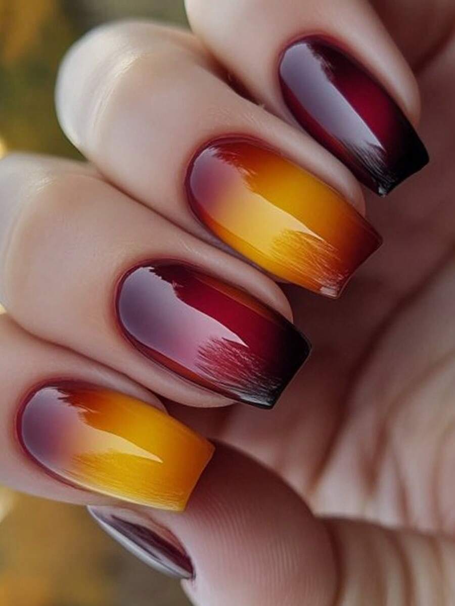 24片秋季美甲贴片，红色法式美甲，Y2K风格，中号方形，时尚渐变闪粉图案，简约风格，可重复使用，按压式亚克力美甲，假指甲用品，赠送24片果冻贴片和1个迷你指甲锉。 - 酒紅色 - 查看 1