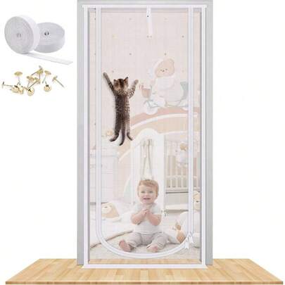 Reinforced Screen Door, 40X84u201D Heavy Duty Pets Proof Screen Door With Bilateral Zipper, Prevent Dogs Cats Running Out From Home, Bedroom, Living Room, Kitchen Patio Door White