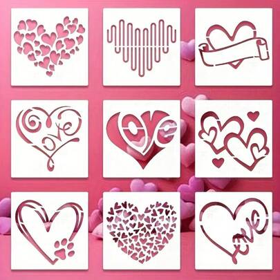 9 piezas de plantillas reutilizables con forma de corazón - Plantillas de artesanía con tema de amor del Día de San Valentín, incluye 9 diseños únicos, adecuado para pintura de madera, lienzo, muebles - Ideal para decoración del hogar y regalos románticos, manualidades del Día de San Valentín, proyectos de arte en lienzo, variedad de patrones de corazón, formas recortadas con precisión, herramienta creativa para hacer regalos