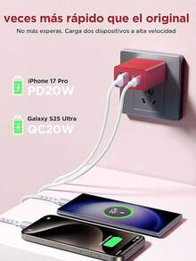 Aioneus Cargador Tipo C, Cargador USB C Carga Rápida 40W Cubo PD+QC Rapido 4-Puertos Adaptador con Cable 2M 60W, USB A y USBC Charger para iPhone 16 15 14 13 12 11 Pro MAX XS XR, Galaxy S25 S24 - rojo - Ver 7