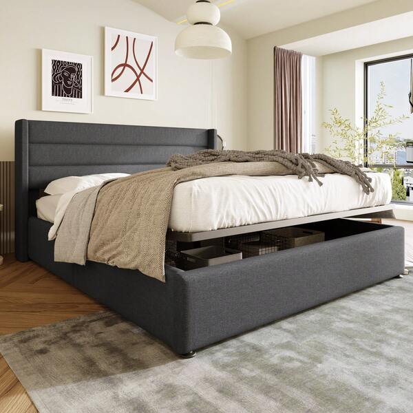 Upholstered Double Bed With Padded Headboard, 140x200cm, In Grey Linen, Medium Firmness (With Spring Mattress)