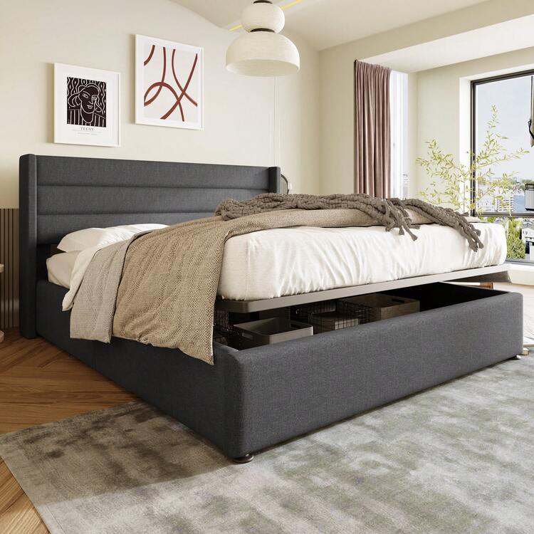 Upholstered Double Bed With Padded Headboard, 140x200cm, In Grey Linen, Medium Firmness (With Spring Mattress) - Black - View 1