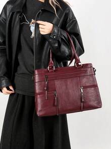 Retro Minimalist Large Capacity Fashion Student/Work Commute Tote Bag - Burgundy - View 6