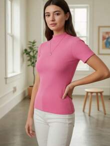 High-Neck, Short-Sleeved Cotton Knit Blouse - Rose - View 2