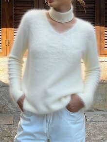Livesso Suéter holgado con cuello de pico y diseño de cuello caído, para otoño/invierno - Beis - Ver 3