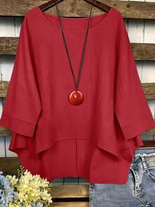 Women's Solid Color Round Neck Asymmetric Hem Blouse Summer - Red Sand Washing - View 2