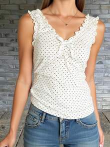 Livesso 韩版女式波点无袖蝴蝶结上衣外出上装 - 杏色 - 查看 3