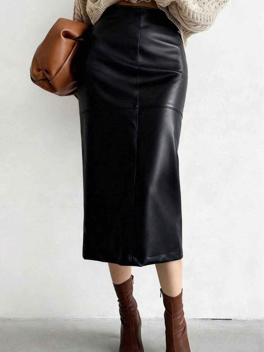 Women's PU Leather Skirt, Fashionable Commuter Zipper Slit French Elegant Fitted Maxi Skirt - Black - View 1