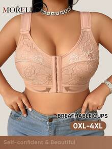 Morelect Áo ngực không gọng, cài ren phía trước dành cho nữ cỡ lớn, nâng đỡ tốt và thoáng khí. - Màu be - Xem 6