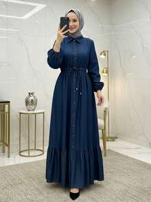 Women's Elegant Solid Color Front Button Waist Tie Knot Cinched Waist Flattering Lapel Fashion Button Ruffle Hem Long Sleeve Dress, Suitable For Spring, Summer, Autumn, Winter - Blue - View 1