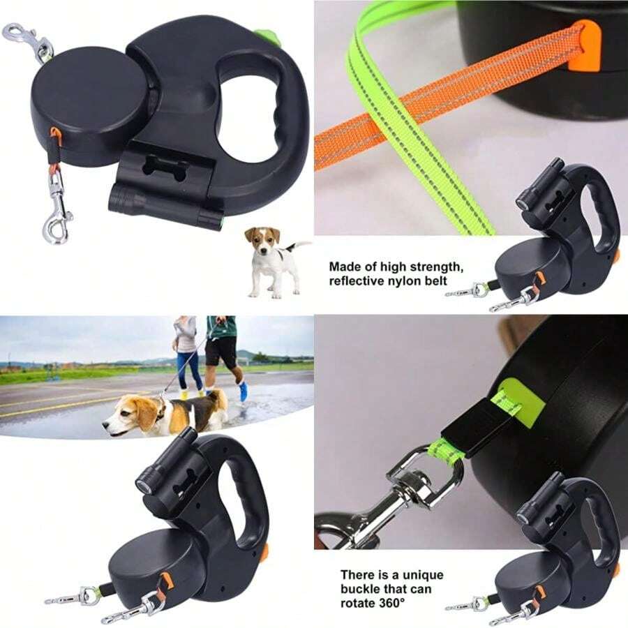 Correa Retráctil para Perros, Nylon 1 Tow 2 Correa Doble Retráctil para Perro con Linterna, Correa para Mascotas Sin Enredos de 360° 9.8 Pies para Perros de Hasta 55 Libras, Freno de Una Mano, Pausa(default) - Multicolor - Ver 1