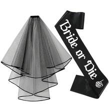 Halloween Ghost Bride Set: Black Wedding Crown Veil Shoulder Strap, Gothic Bachelorette Party Decoration Set - Black Crown Veil, "Bride Or Die" Belt, "Bride To Be" Lace Garter With Bow - Spooky Bridal Shower Gift Suitable For Dark-Themed Hens Party Supplies - Multicolor - View 7