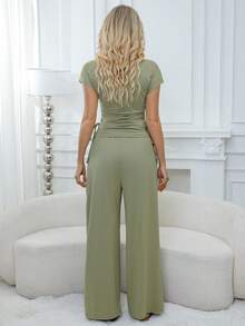 2pcs Women Classic & Fashionable Solid Color Basic Set, Lightweight & Comfortable For Commuting And Casual Daily Wear - Dark Green - View 2
