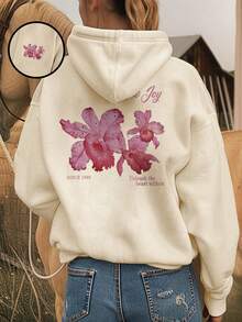 Sudadera con capucha de ajuste holgado con estampado gráfico y forro térmico para mujer, invierno - Albaricoque - Ver 7