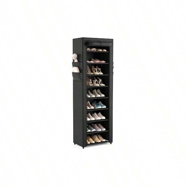 Shoe Rack With Cover Narrow Shoe Organizer With 4 Side Pockets 10 Tier Tall Shoe Storage Holds 18 - 22 Pairs Shoes And Boots Shoe Rack Closet Entryway Garage