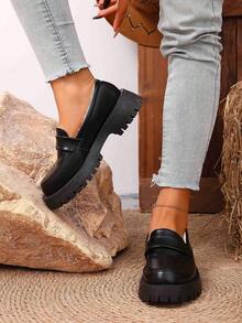 Chaussures noir pour femmes grandes tailles, semelle épaisse, style britannique, chaussures d'uniforme JK, antidérapantes, plateforme, doublure thermique, mocassins, talon haut - Noir - Voir 5