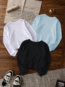 Bộ 3 áo thun dài tay cổ tròn in họa tiết thường ngày cho bé gái, quần áo mùa thu dành cho học sinh - Áo thun bắt mắt chắc chắn sẽ khiến trẻ em mỉm cười với họa tiết da báo và thiết kế nơ - Màu xanh nhạt - Xem 7