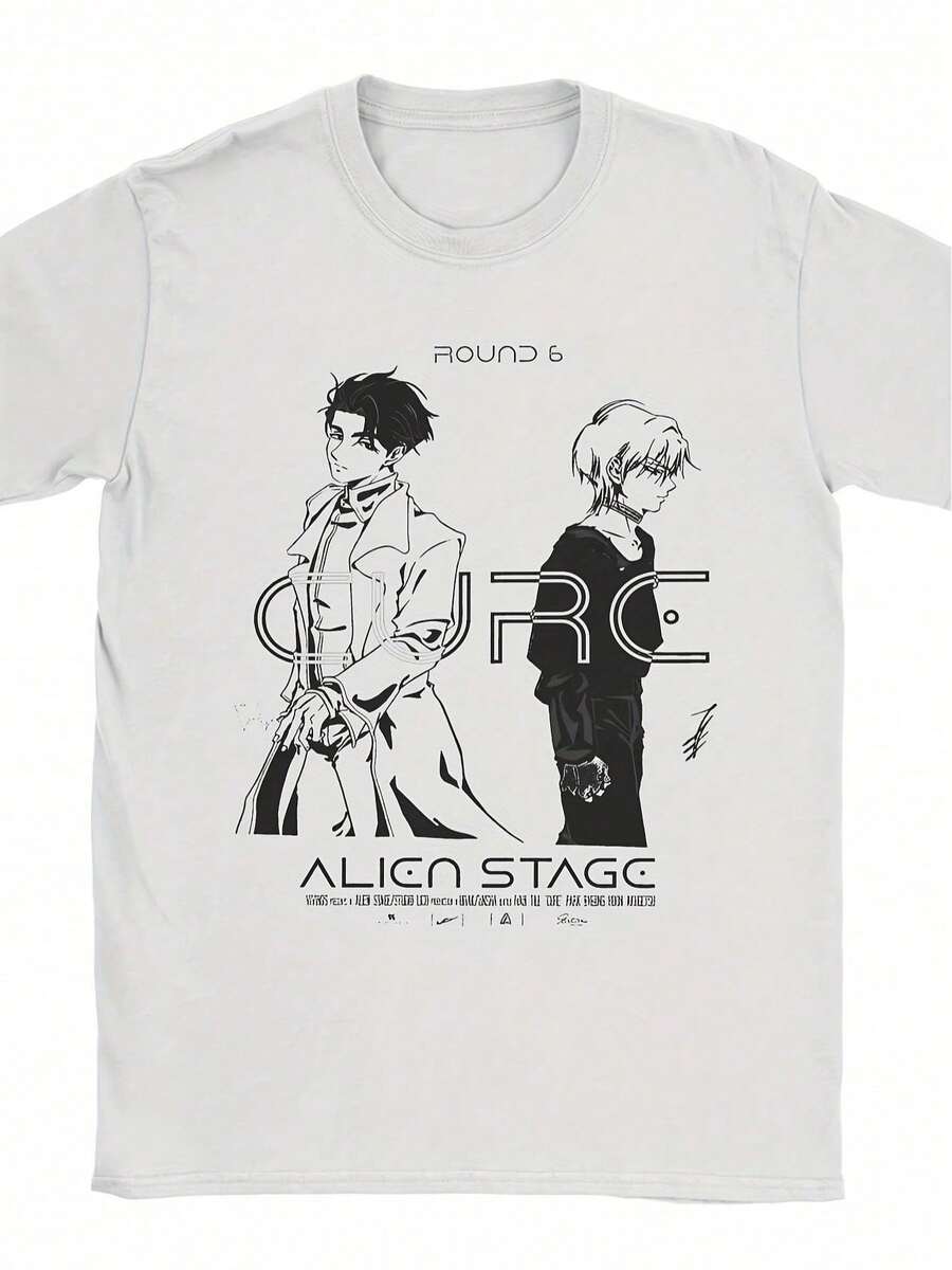 Men's Alien Stage-Ivan & Till Graphic-T-Shirt - Round 6 Anime-Characters, White T-Shirt With Black Artwork, Regular Fit Casual Shirt For Daily & Events - Machine Washable Non-Stretch Fabric, Artistic Design, Easy Care, Unisex Style, Streetwear Fashion, Bohemian Style, Durable Print, Short Sleeve Top, Streetwear Lover - 黑色 - 查看 1