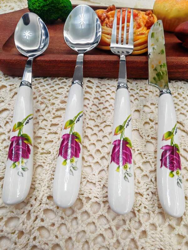 4/24pcs Beautiful Rose Printed Ceramic Handle Stainless Steel Silverware Tableware, Table Knife, Fork, Dessert Spoon, Spoon, Steak Knife, Unique And Elegant Tableware Set, Suitable For Home, Restaurant, Kitchen, Daily Dining, Party And Gatherings