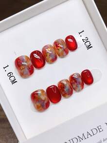 纯手工制作可佩戴美甲贴片，短款方形/圆形；手绘油画渐变红色新年个性化秋冬美甲贴片，气质简约设计，按压式美甲贴片，美甲用品 - 彩色 - 查看 3